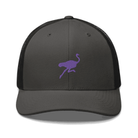 Front view of a charcoal grey and black bitcoin trucker cap.