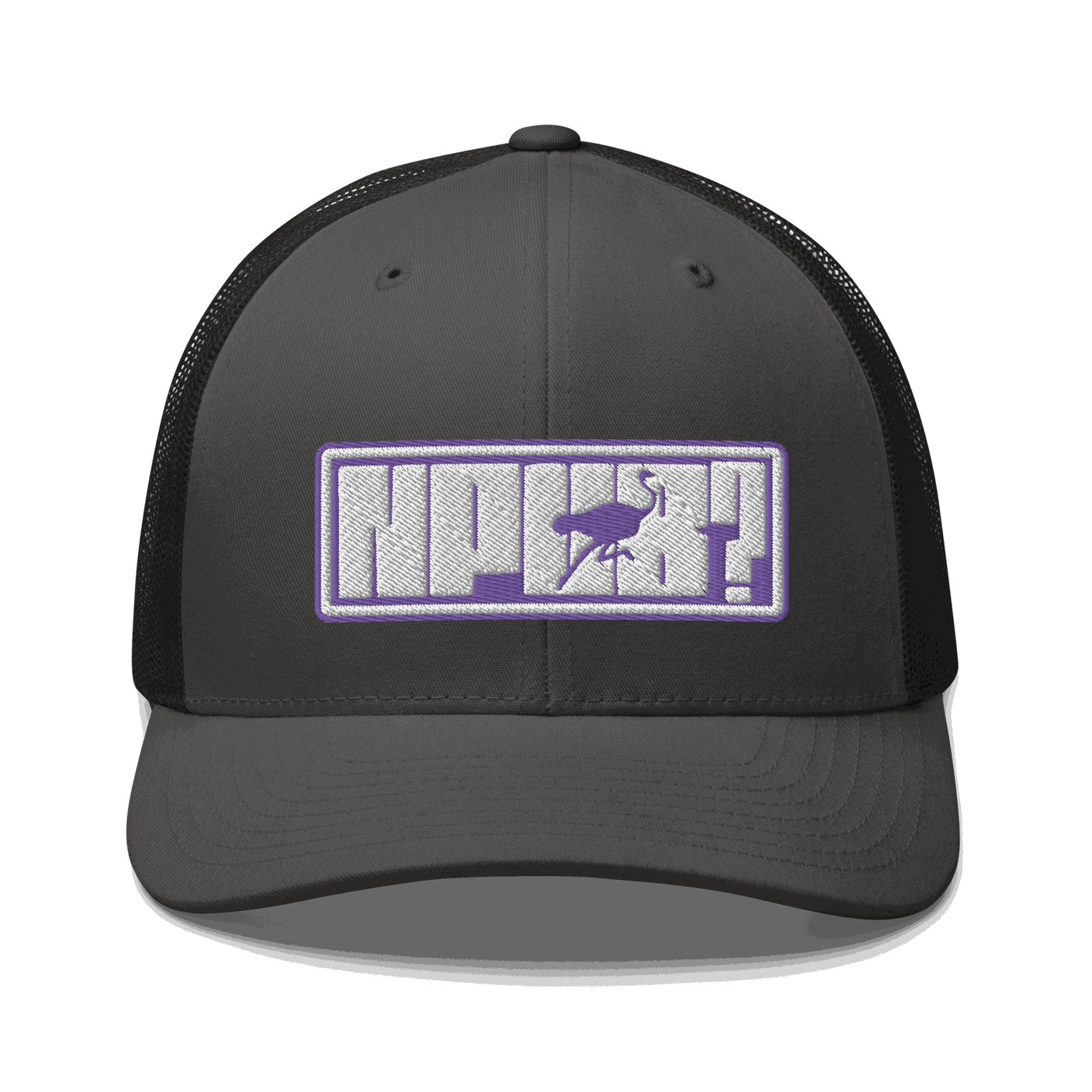 Front view of a charcoal grey and black bitcoin trucker cap.