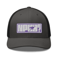 Front view of a charcoal grey and black bitcoin trucker cap.