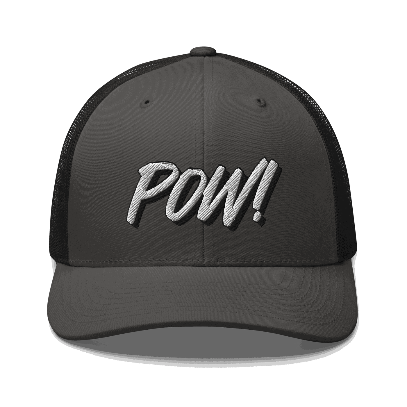 Front view of a charcoal grey and black bitcoin trucker cap.