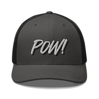 Front view of a charcoal grey and black bitcoin trucker cap.