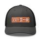 Front view of a charcoal grey and black bitcoin trucker cap.