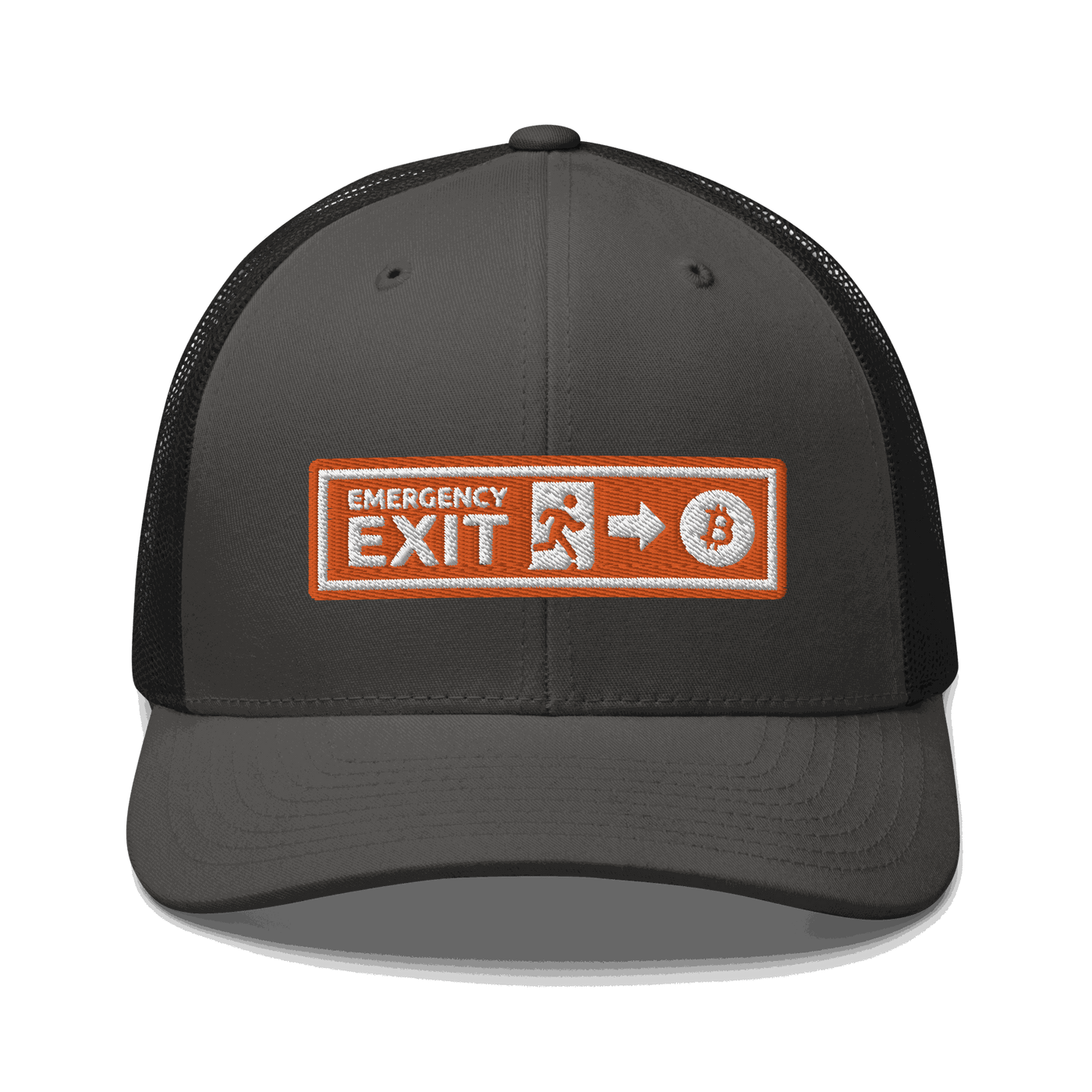 Front view of a charcoal grey and black bitcoin trucker cap.