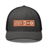 Front view of a charcoal grey and black bitcoin trucker cap.