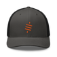 Front view of a charcoal grey and black bitcoin trucker cap.