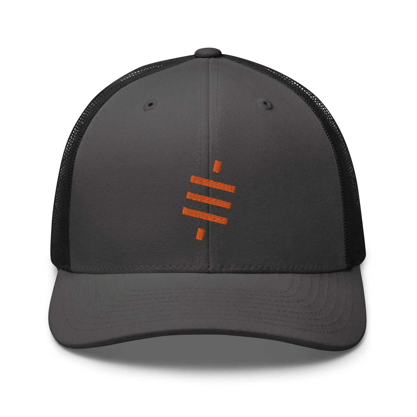 Front view of a charcoal grey and black bitcoin trucker cap.