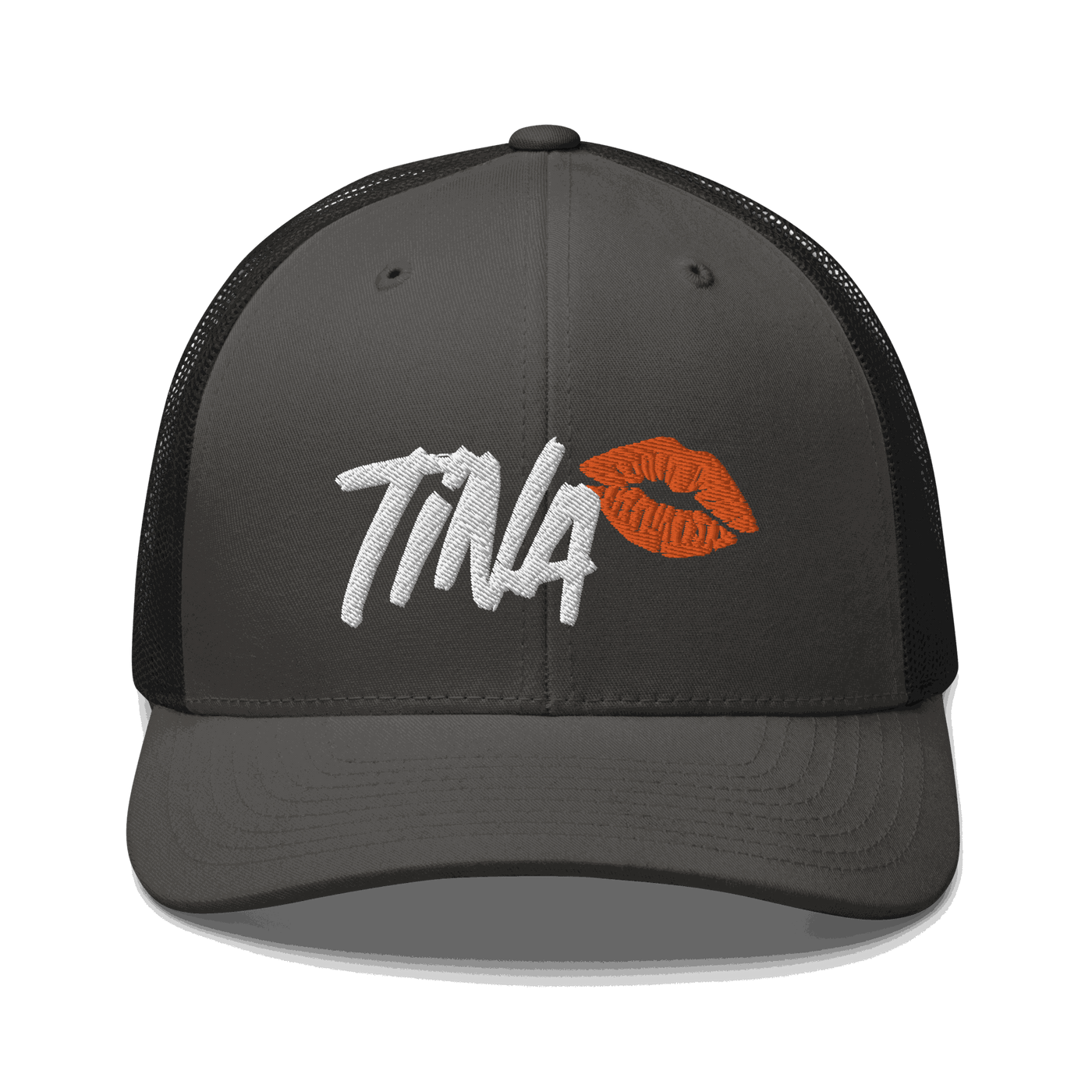 Front view of a charcoal grey and black bitcoin trucker cap.