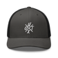 Front view of a charcoal grey and black bitcoin trucker cap.