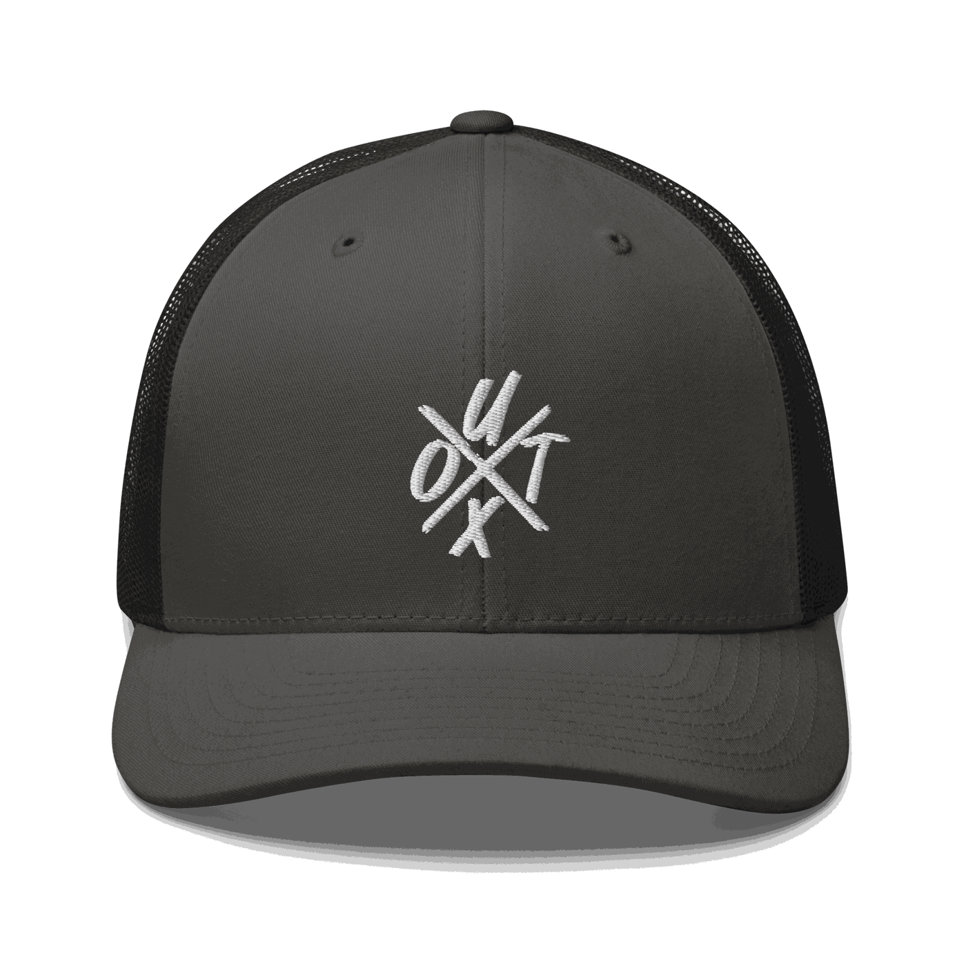 Front view of a charcoal grey and black bitcoin trucker cap.