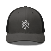 Front view of a charcoal grey and black bitcoin trucker cap.