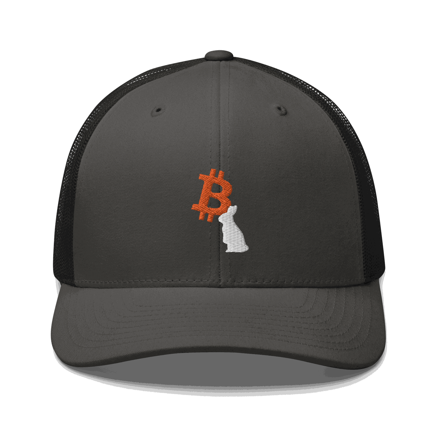 Front view of a charcoal grey and black bitcoin trucker cap.
