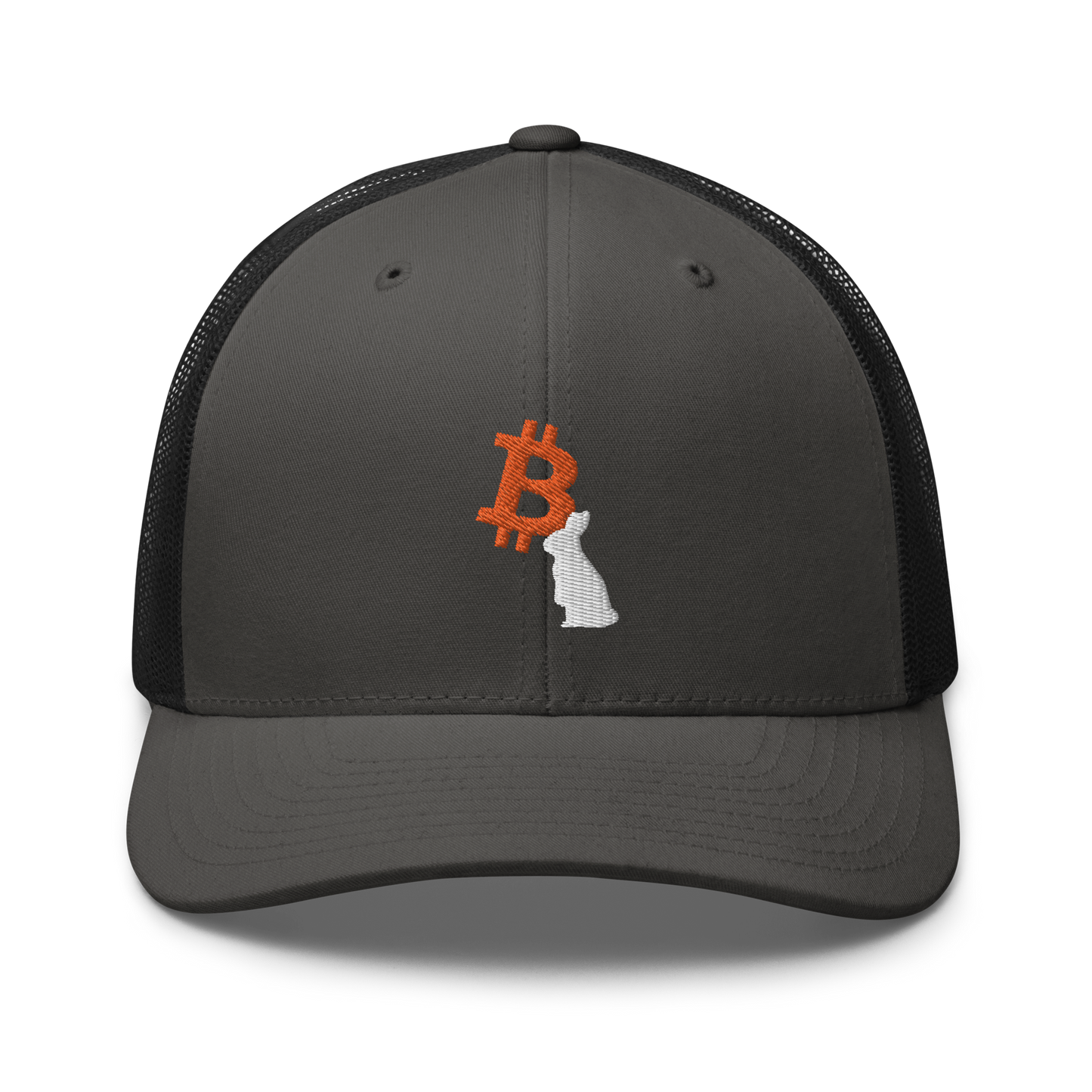 Front view of a charcoal grey and black bitcoin trucker cap.