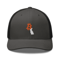 Front view of a charcoal grey and black bitcoin trucker cap.