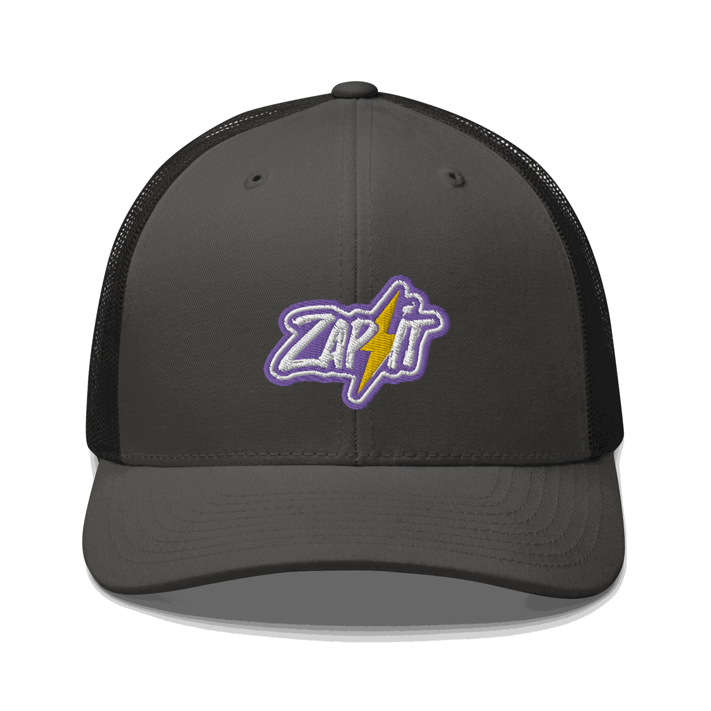 Front view of a charcoal grey and black bitcoin trucker cap.