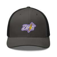 Front view of a charcoal grey and black bitcoin trucker cap.