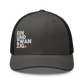 Front view of a charcoal grey and black bitcoin trucker cap.