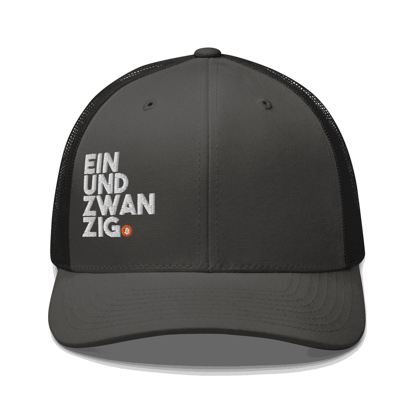 Black Einundzwanzig Bitcoin trucker cap with mesh back and embroidered logo