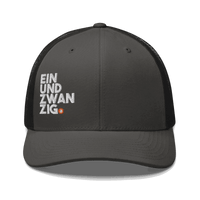 Black Einundzwanzig Bitcoin trucker cap with mesh back and embroidered logo
