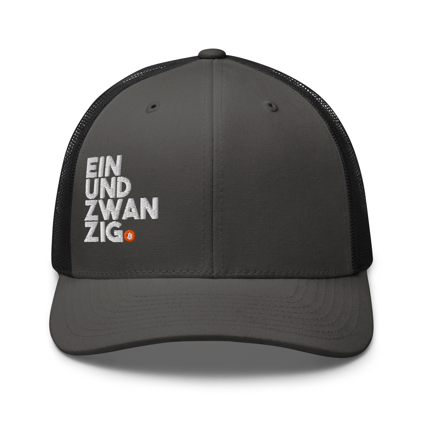 Einundzwanzig bitcoin trucker cap in Charcoal/ Black, front view.