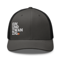 Einundzwanzig bitcoin trucker cap in Charcoal/ Black, front view.