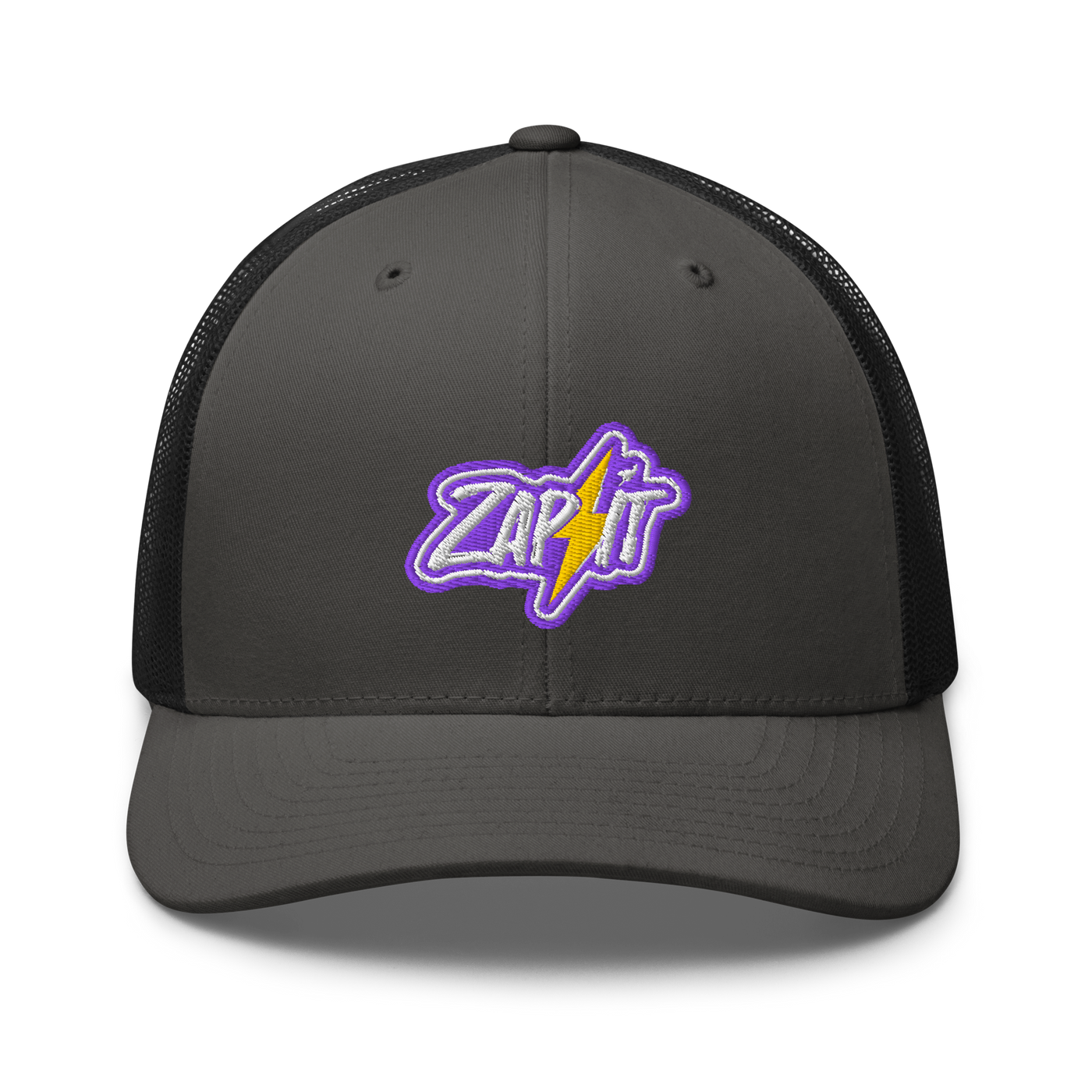 Zap It nostr trucker cap in Charcoal/ Black, front view.