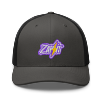 Zap It nostr trucker cap in Charcoal/ Black, front view.