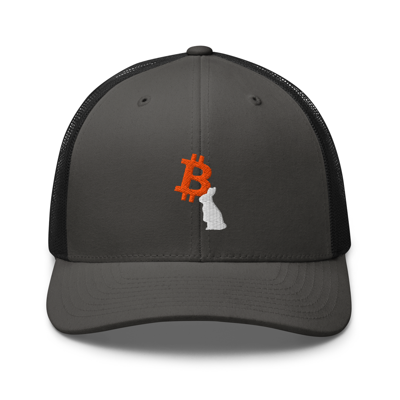 White Rabbit bitcoin trucker cap in Charcoal/ Black, front view.
