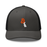 White Rabbit bitcoin trucker cap in Charcoal/ Black, front view.