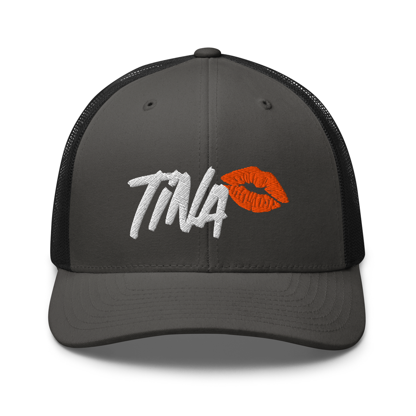 TINA bitcoin trucker cap in Charcoal/ Black, front view.