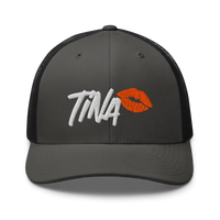 TINA bitcoin trucker cap in Charcoal/ Black, front view.
