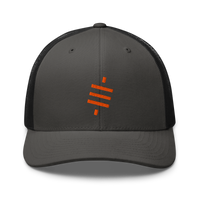Sats symbol bitcoin trucker cap in Charcoal/ Black, front view.