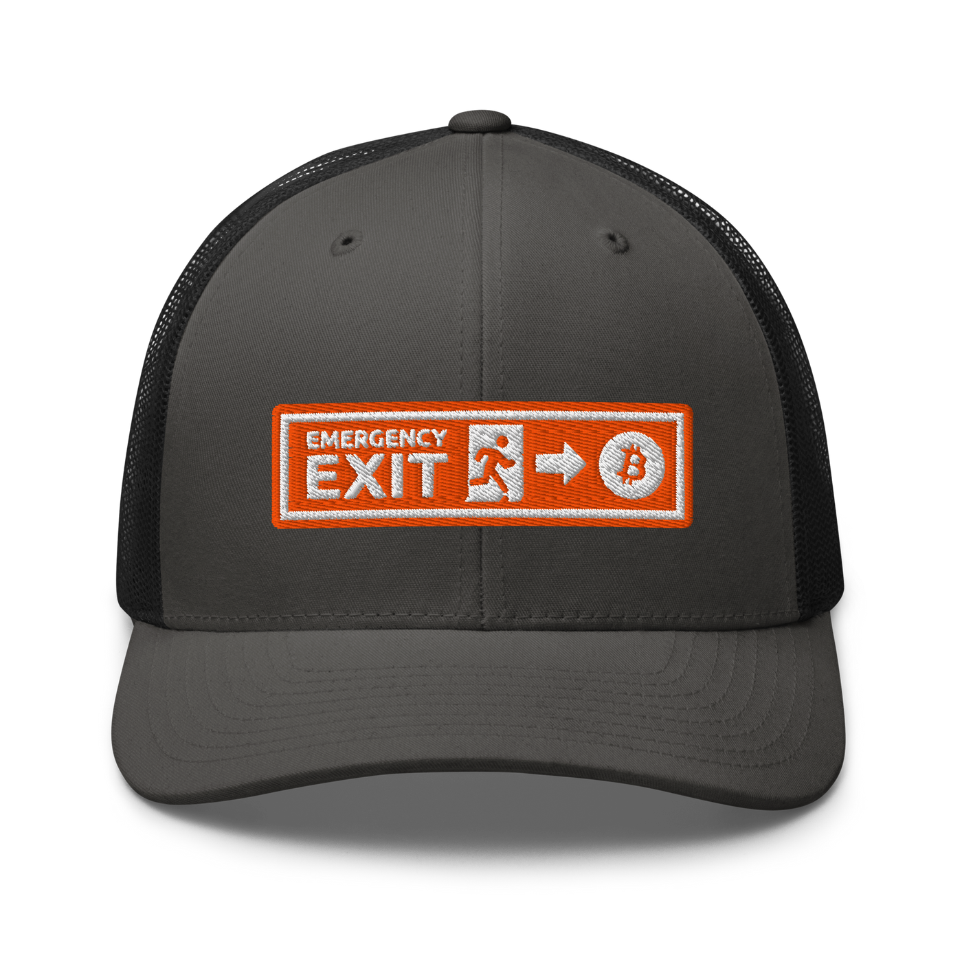 Emergency Exit bitcoin trucker cap in Charcoal/ Black, front view.