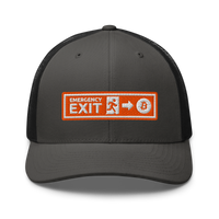 Emergency Exit bitcoin trucker cap in Charcoal/ Black, front view.