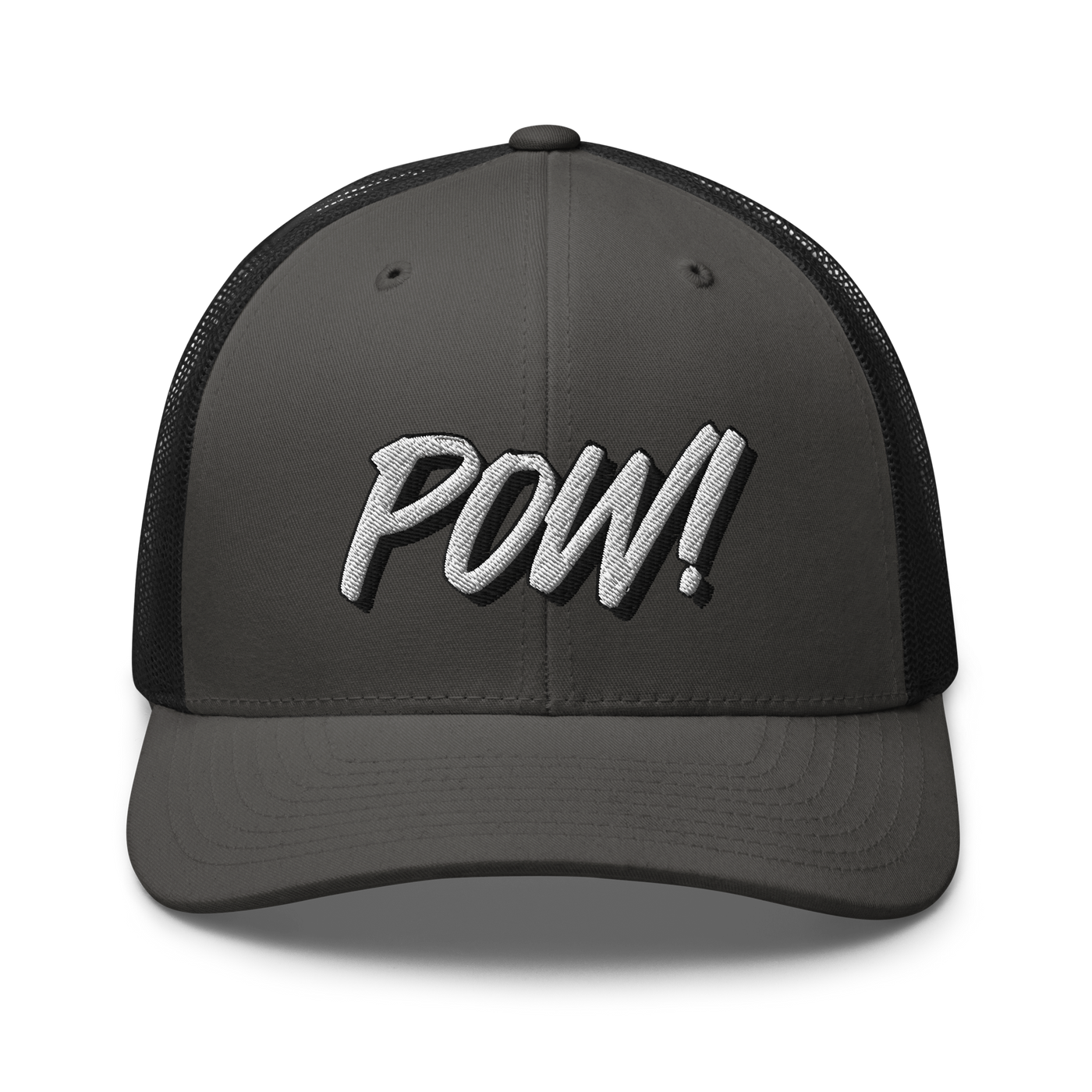 POW! bitcoin trucker cap in Charcoal/ Black, front view.
