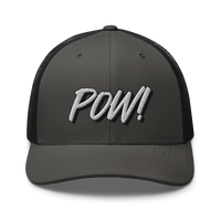 POW! bitcoin trucker cap in Charcoal/ Black, front view.