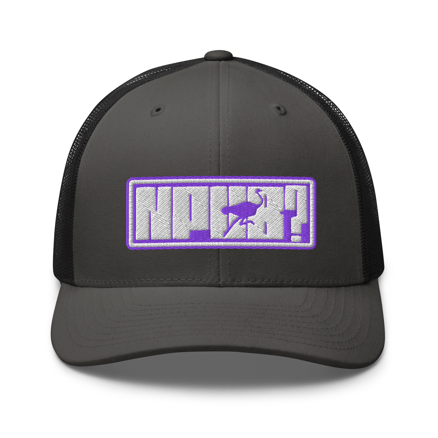 nPub? nostr trucker cap in Charcoal/ Black, front view.