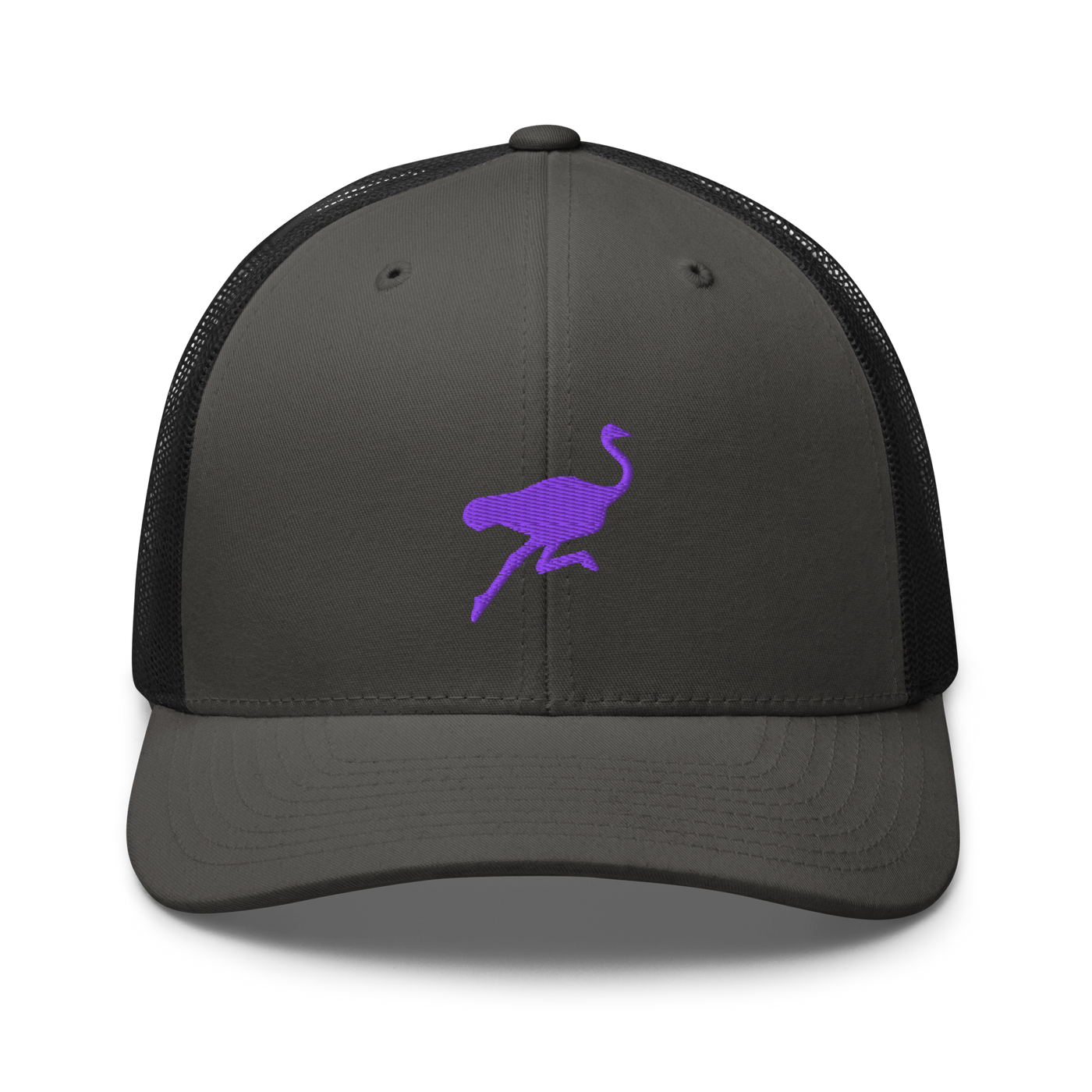 Nostrich nostr trucker cap in Charcoal/ Black, front view.