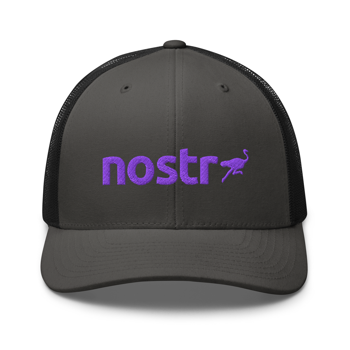 Nostr nostr trucker cap in Charcoal/ Black, front view.