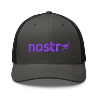 Nostr nostr trucker cap in Charcoal/ Black, front view.
