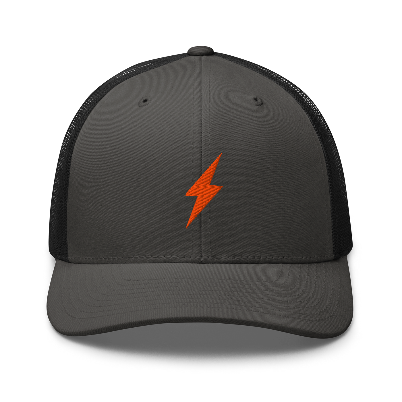 Lightning bitcoin trucker cap in Charcoal/ Black, front view.