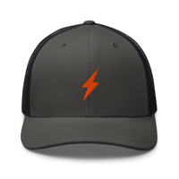 Lightning bitcoin trucker cap in Charcoal/ Black, front view.