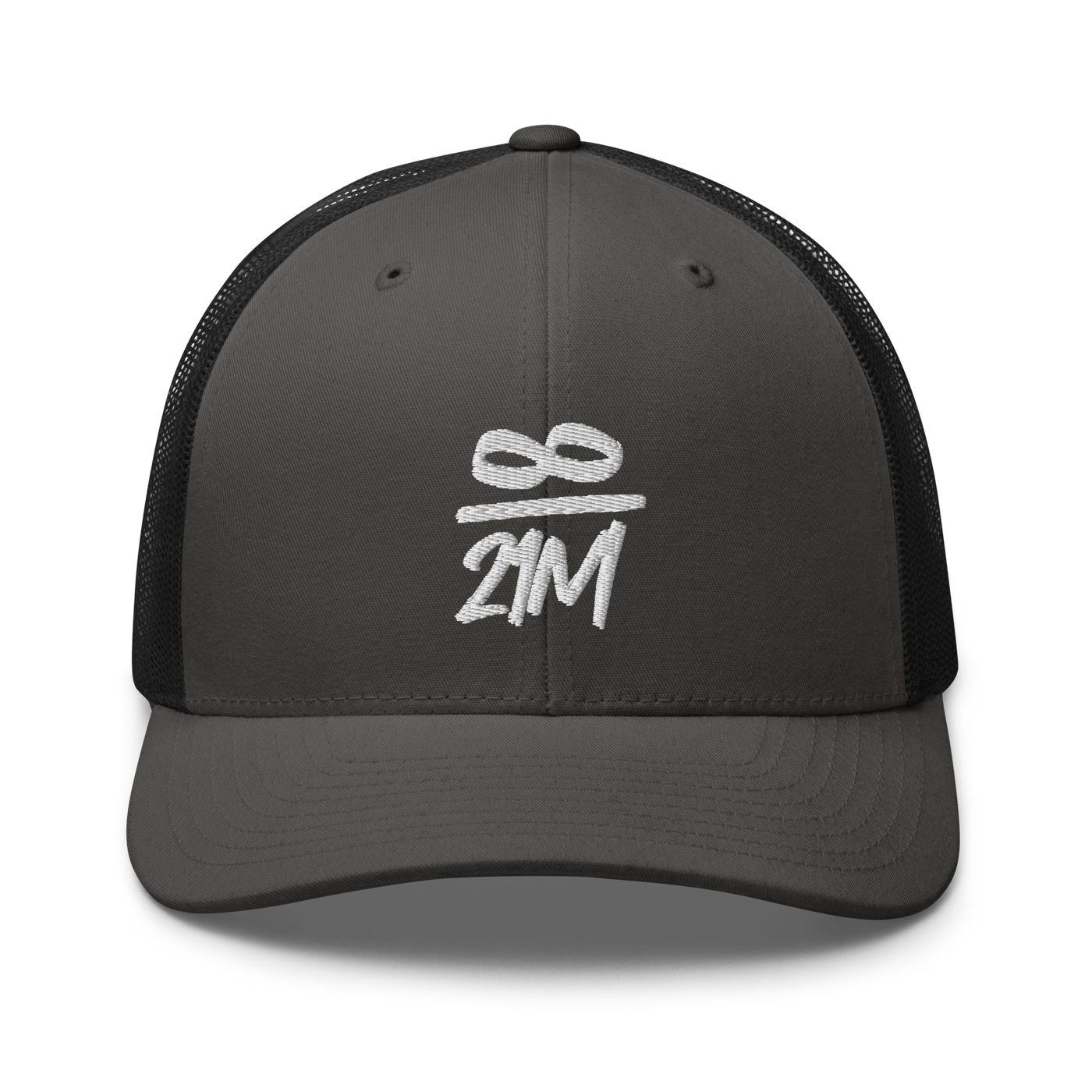 Infinity / 21M bitcoin trucker cap in Charcoal/ Black, front view.