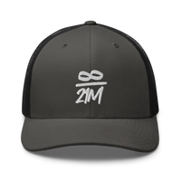 Infinity / 21M bitcoin trucker cap in Charcoal/ Black, front view.