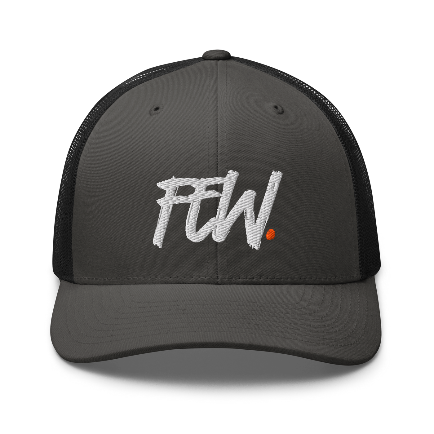 Few. bitcoin trucker cap in Charcoal/ Black, front view.