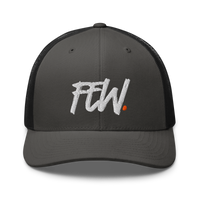 Few. bitcoin trucker cap in Charcoal/ Black, front view.