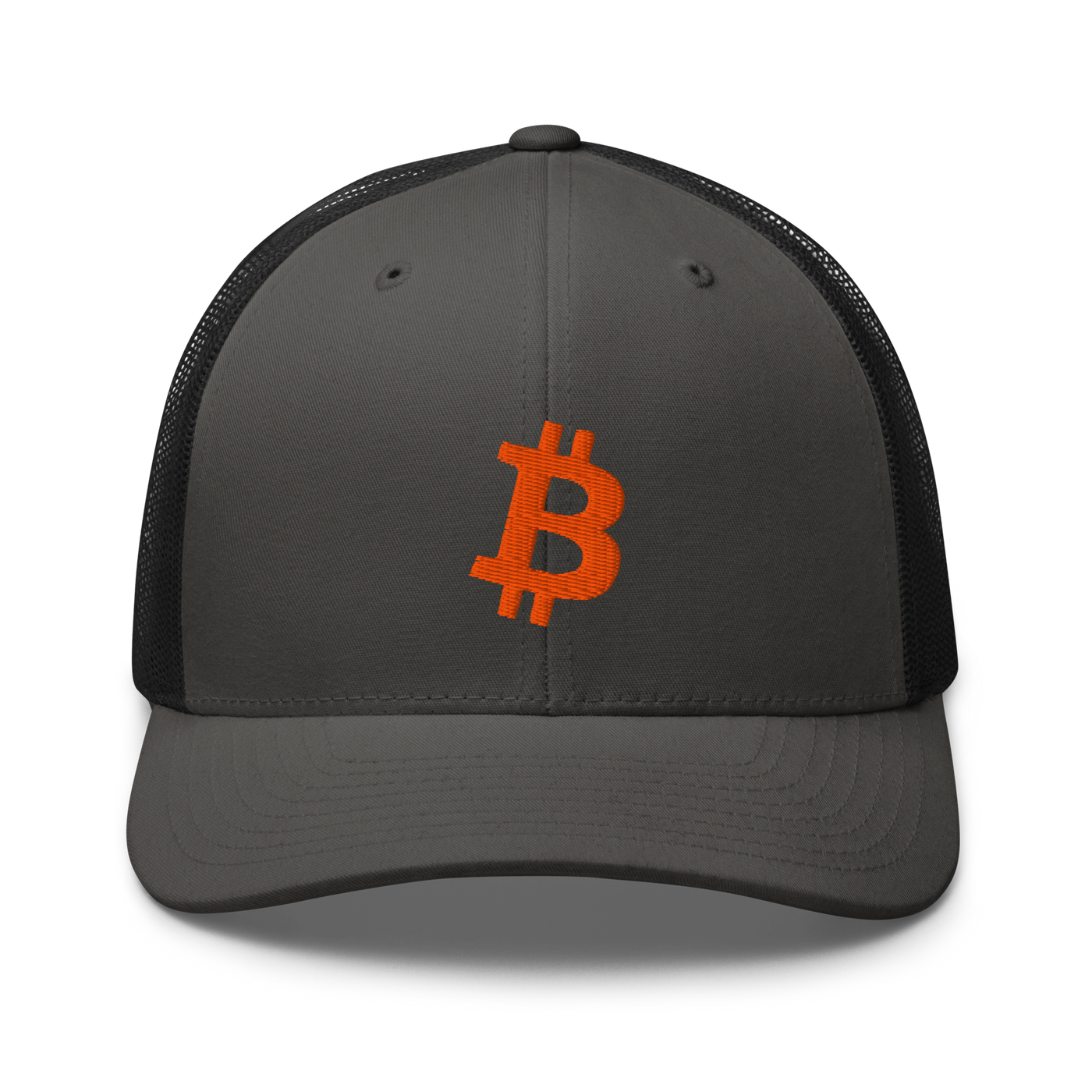 Bitcoin B bitcoin trucker cap in Charcoal/ Black, front view.