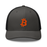 Bitcoin B bitcoin trucker cap in Charcoal/ Black, front view.