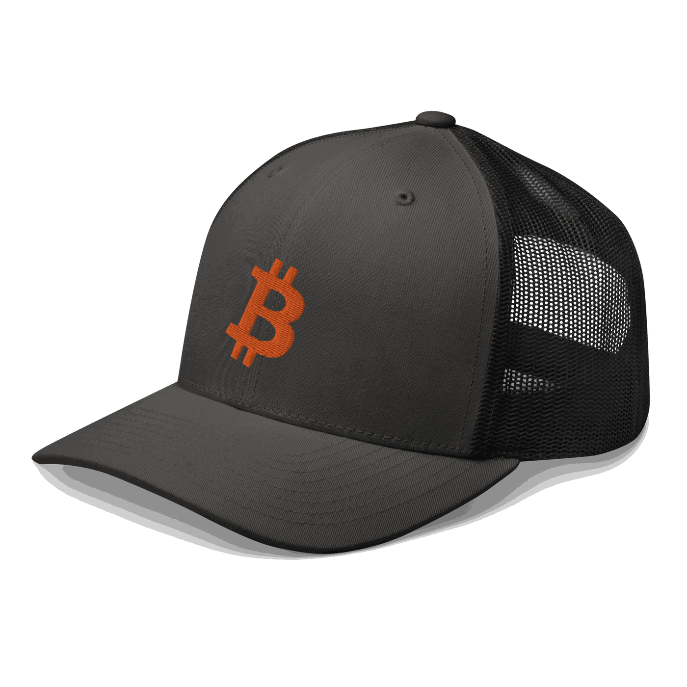 Side view of a charcoal grey and black bitcoin trucker cap.