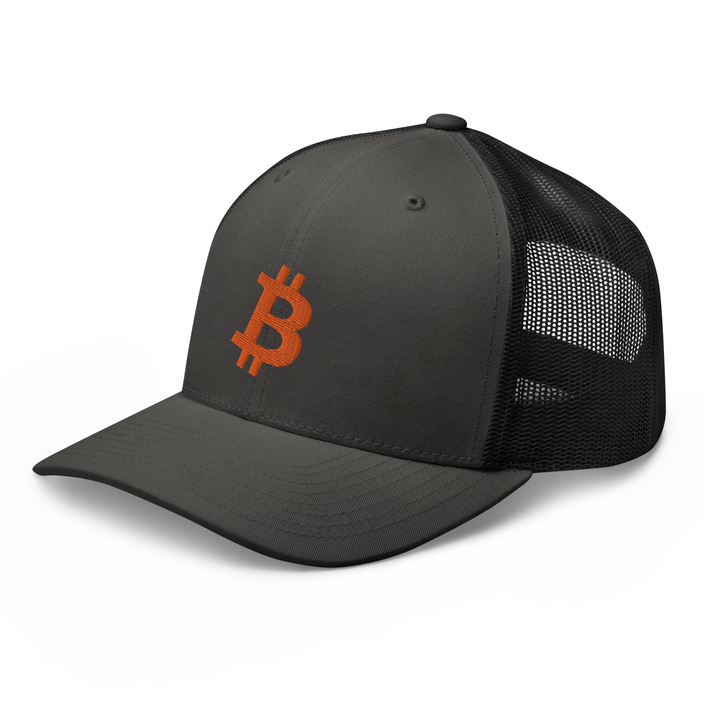 Side view of a charcoal grey and black bitcoin trucker cap.