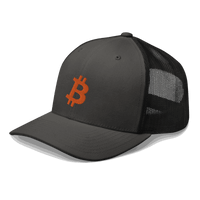 Side view of a charcoal grey and black bitcoin trucker cap.